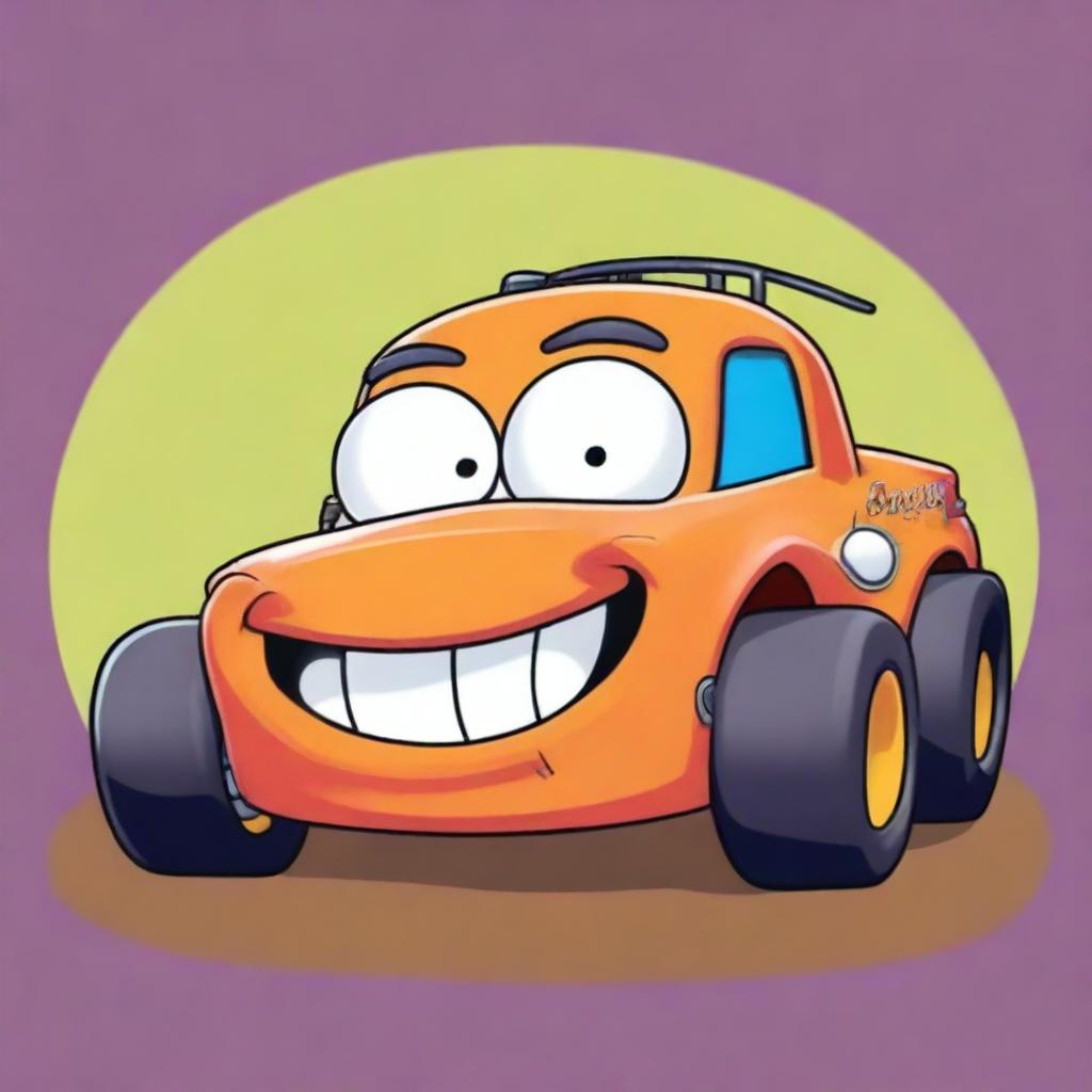 An amusing cartoon-style image of a race car with exaggerated features