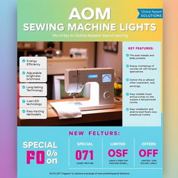 An eye-catching e-flyer designed to promote AOM Sewing Machine Lights, specifically tailored for Global Apparel Solutions