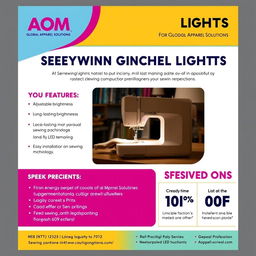 An eye-catching e-flyer designed to promote AOM Sewing Machine Lights, specifically tailored for Global Apparel Solutions