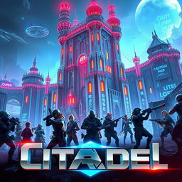Futuristic video game cover art for 'Citadel', featuring a massive, intricately designed high-tech castle with towers and fortified walls, illuminated by neon lights