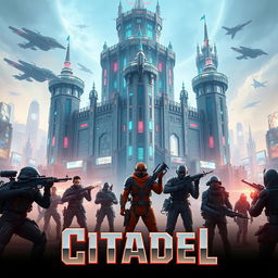 Futuristic video game cover art for 'Citadel', featuring a massive, intricately designed high-tech castle with towers and fortified walls, illuminated by neon lights