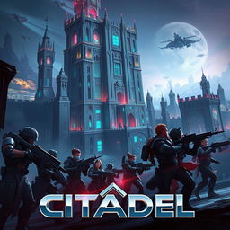Futuristic video game cover art for 'Citadel', featuring a massive, intricately designed high-tech castle with towers and fortified walls, illuminated by neon lights