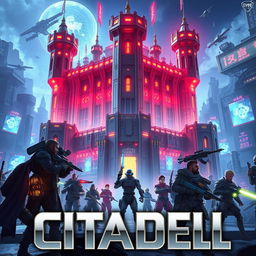 Futuristic video game cover art for 'Citadel', featuring a massive, intricately designed high-tech castle with towers and fortified walls, illuminated by neon lights