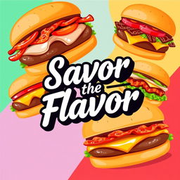 A vibrant and eye-catching poster design featuring a variety of delicious burgers, showcasing different toppings like lettuce, tomatoes, cheese, and crispy bacon