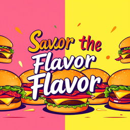 A vibrant and eye-catching poster design featuring a variety of delicious burgers, showcasing different toppings like lettuce, tomatoes, cheese, and crispy bacon