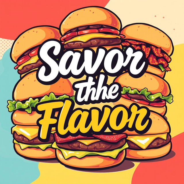 A vibrant and eye-catching poster design featuring a variety of delicious burgers, showcasing different toppings like lettuce, tomatoes, cheese, and crispy bacon