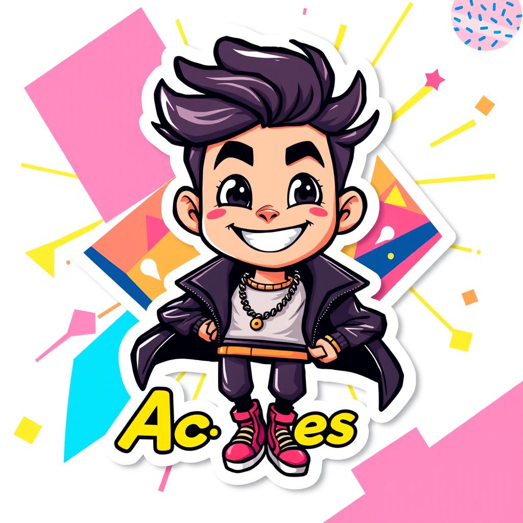 A vibrant and eye-catching sticker design featuring Acebes, depicting him as a charismatic and energetic character