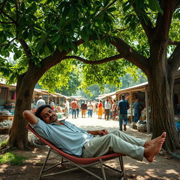 A lazy man lounging under a large shady tree in a vibrant village scene