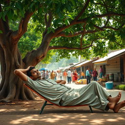 A lazy man lounging under a large shady tree in a vibrant village scene