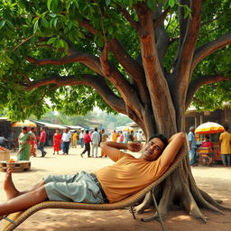 A lazy man lounging under a large shady tree in a vibrant village scene