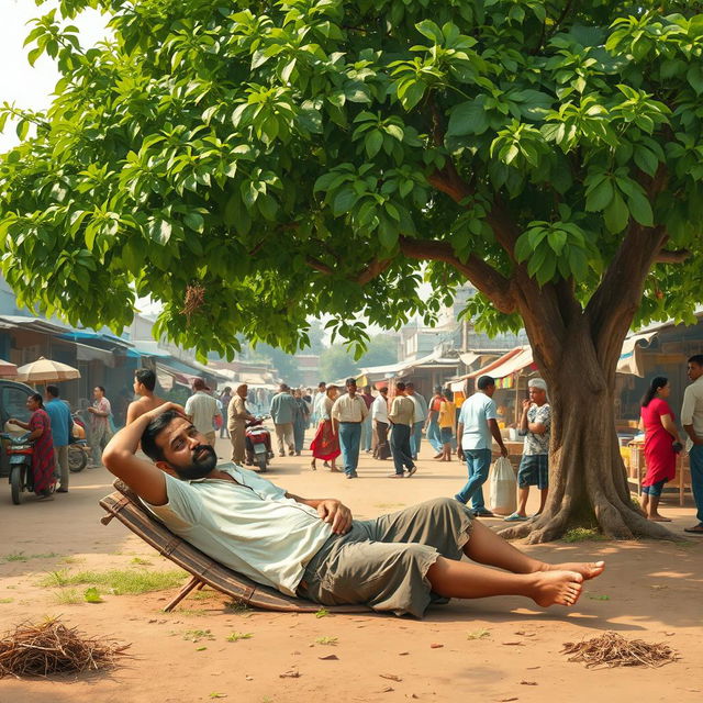 A lazy man lounging under a large shady tree in a vibrant village scene