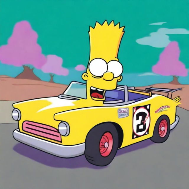 An amusing cartoon-style image of a race car with exaggerated features