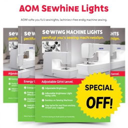 A visually appealing e-flyer designed to promote AOM Sewing Machine Lights, showcasing their innovative features and benefits for sewing enthusiasts