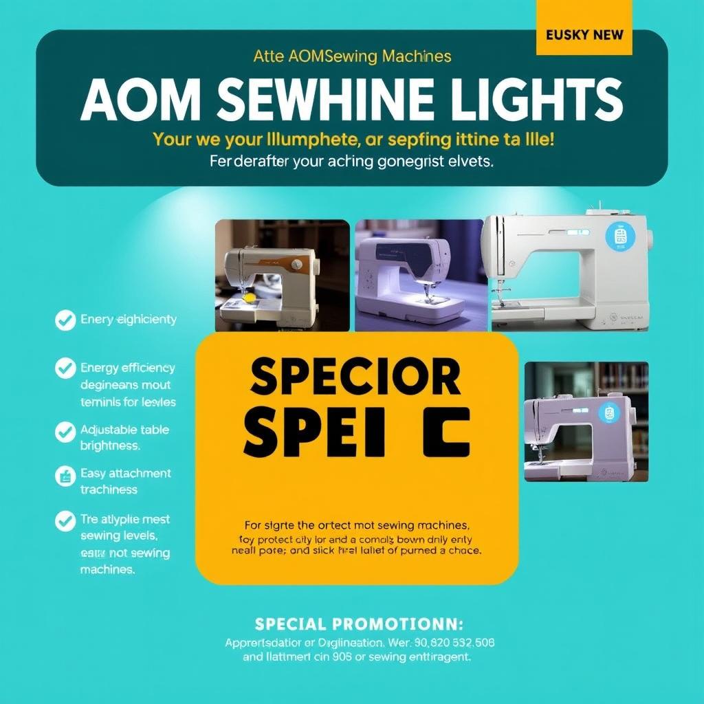 A visually appealing e-flyer designed to promote AOM Sewing Machine Lights, showcasing their innovative features and benefits for sewing enthusiasts