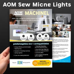 A visually appealing e-flyer designed to promote AOM Sewing Machine Lights, showcasing their innovative features and benefits for sewing enthusiasts