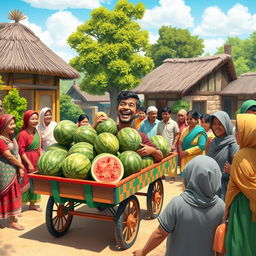 A vibrant scene depicting a cheerful watermelon seller entering a lively village with a colorful cart full of large, fresh watermelons