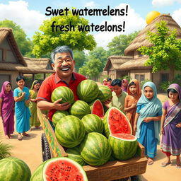 A vibrant scene depicting a cheerful watermelon seller entering a lively village with a colorful cart full of large, fresh watermelons