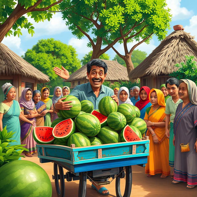 A vibrant scene depicting a cheerful watermelon seller entering a lively village with a colorful cart full of large, fresh watermelons