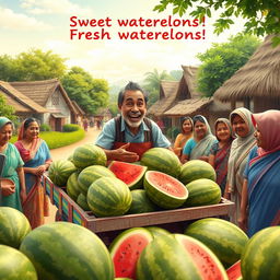 A vibrant scene depicting a cheerful watermelon seller entering a lively village with a colorful cart full of large, fresh watermelons