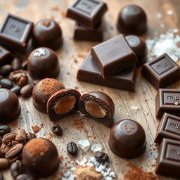A beautifully arranged display of homemade dark chocolate truffles and bars, presented on a rustic wooden table