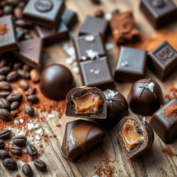 A beautifully arranged display of homemade dark chocolate truffles and bars, presented on a rustic wooden table