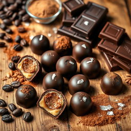 A beautifully arranged display of homemade dark chocolate truffles and bars, presented on a rustic wooden table
