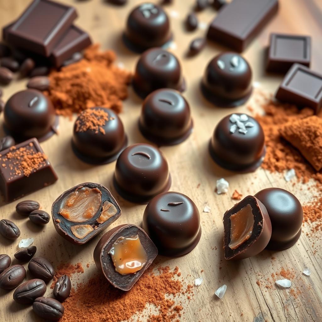 A beautifully arranged display of homemade dark chocolate truffles and bars, presented on a rustic wooden table