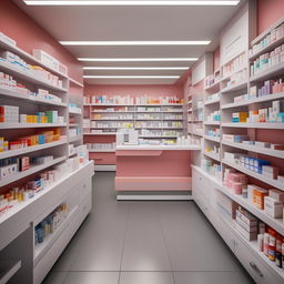 Design an appealing 12x30 feet pharmacy interior showcasing organized medicine shelves, comfortable consultation spaces, and attention-capturing signage