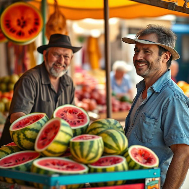 A lazy man with a sly grin approaches a fruit seller's cart, which is prominently in the foreground