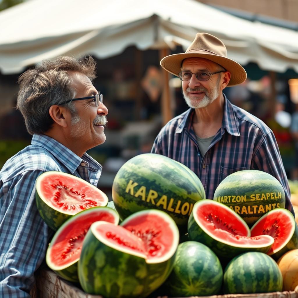 A lazy man with a sly grin approaches a fruit seller's cart, which is prominently in the foreground