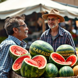 A lazy man with a sly grin approaches a fruit seller's cart, which is prominently in the foreground