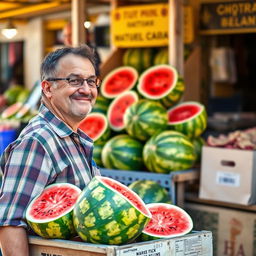 A lazy man with a sly grin approaches a fruit seller's cart, which is prominently in the foreground