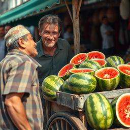 A lazy man with a sly grin approaches a fruit seller's cart, which is prominently in the foreground