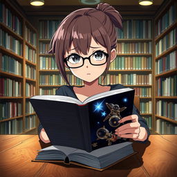 A 16-year-old female anime character with short brown ponytail hair and stylish glasses, sitting at a large wooden table in a cozy library