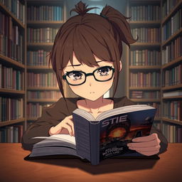 A 16-year-old female anime character with short brown ponytail hair and stylish glasses, sitting at a large wooden table in a cozy library