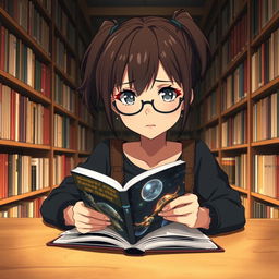 A 16-year-old female anime character with short brown ponytail hair and stylish glasses, sitting at a large wooden table in a cozy library