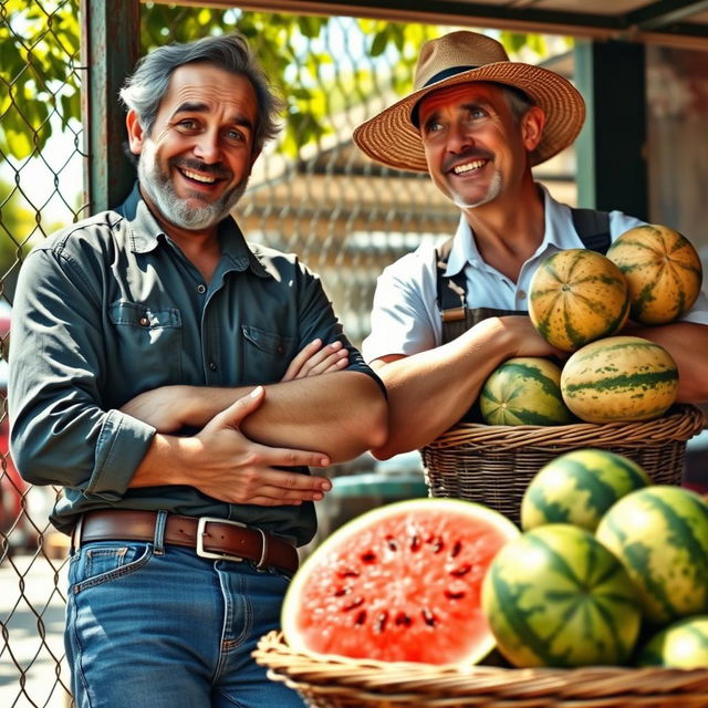 A scene depicting a humorous interaction between a lazy man and a watermelon seller