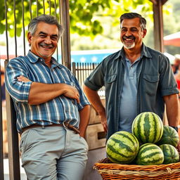A scene depicting a humorous interaction between a lazy man and a watermelon seller
