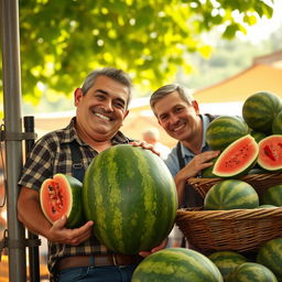 A scene depicting a humorous interaction between a lazy man and a watermelon seller
