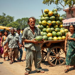 A lazy man stands awkwardly by a rustic market cart piled high with watermelons, holding one in his hands