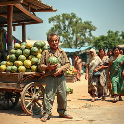 A lazy man stands awkwardly by a rustic market cart piled high with watermelons, holding one in his hands