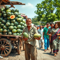 A lazy man stands awkwardly by a rustic market cart piled high with watermelons, holding one in his hands