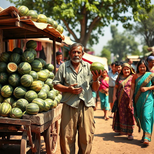 A lazy man stands awkwardly by a rustic market cart piled high with watermelons, holding one in his hands