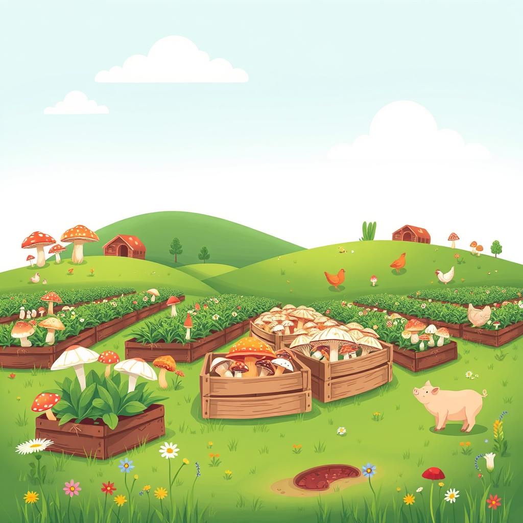 A whimsical, colorful illustration of a mushroom farm, showcasing various types of mushrooms growing in neat rows under a clear blue sky