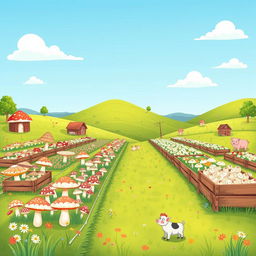 A whimsical, colorful illustration of a mushroom farm, showcasing various types of mushrooms growing in neat rows under a clear blue sky