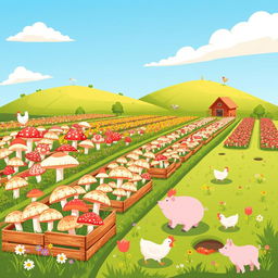 A whimsical, colorful illustration of a mushroom farm, showcasing various types of mushrooms growing in neat rows under a clear blue sky