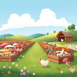 A whimsical, colorful illustration of a mushroom farm, showcasing various types of mushrooms growing in neat rows under a clear blue sky
