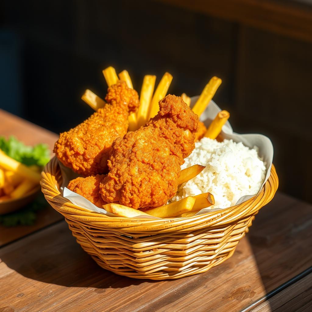 A vibrant and appetizing scene featuring crispy fried chicken, golden french fries, and fluffy rice beautifully presented inside a woven basket