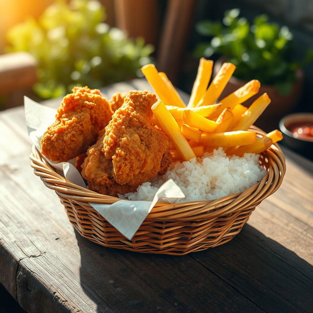 A vibrant and appetizing scene featuring crispy fried chicken, golden french fries, and fluffy rice beautifully presented inside a woven basket