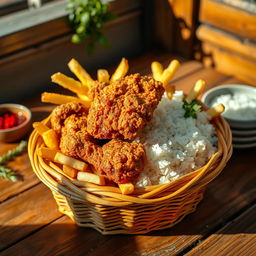 A vibrant and appetizing scene featuring crispy fried chicken, golden french fries, and fluffy rice beautifully presented inside a woven basket